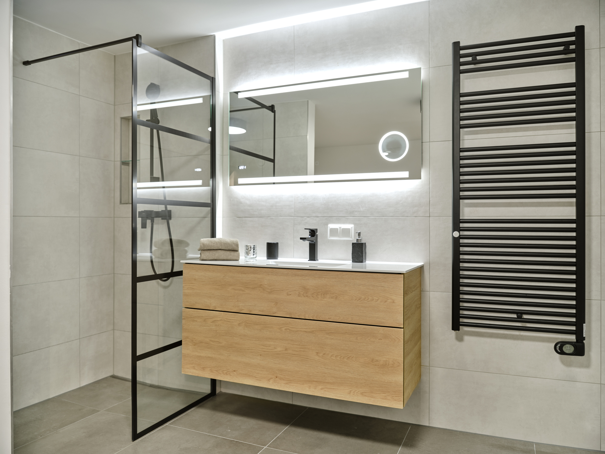 The bathroom, oak and black steel